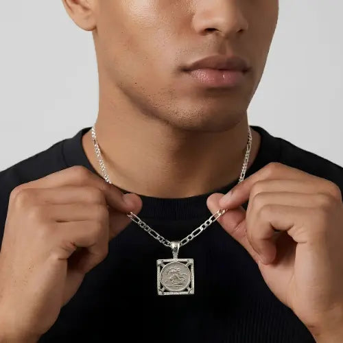 Silver Rhodium Plated Square Sovereign Pendant Necklace – 1911 St. George Coin with CZ Bezel